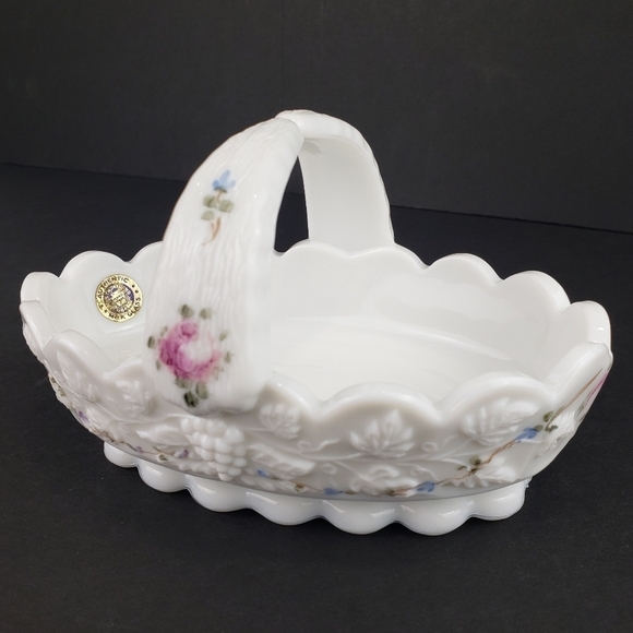 Westmoreland Milk Glass Basket Roses and Blue Vine Grapes Candy Dish Vintage - Picture 16 of 16